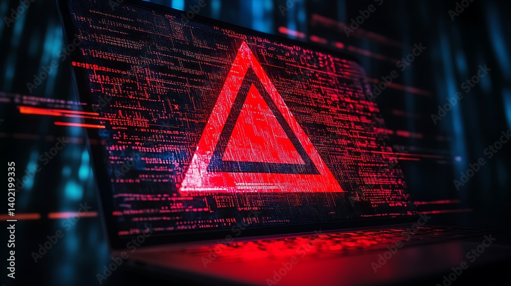 Poster a futuristic laptop displaying a red warning symbol amidst digital data streams in a tech environmen