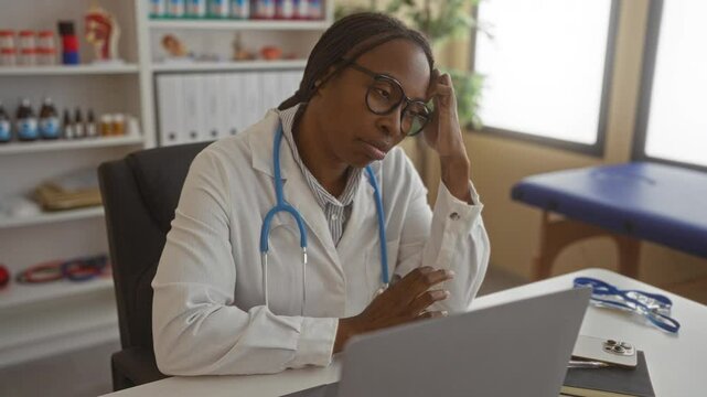 Woman doctor resting at desk appearing stressed in hospital office with stethoscope in modern clinic work environment indicating professional fatigue.