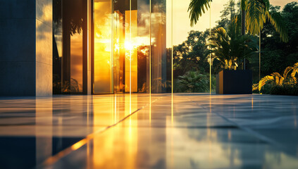 The glass and metal architecture features an entrance door visible in the middle, Architecture, A modern luxury residential building, Apartment, Building exterior, Building entrance.