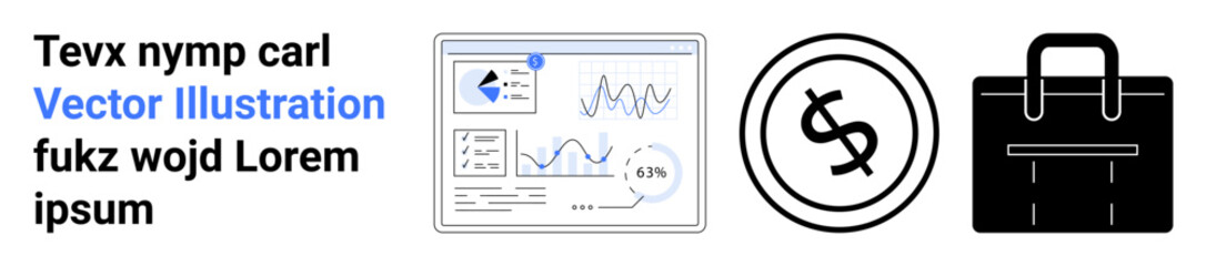 Digital charts with graphs and analytics, dollar sign in circle, professional briefcase. Ideal for finance, business, analytics, investments, growth strategy, entrepreneurship abstract line flat