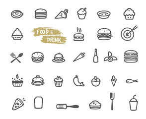 Food and Drink Line Editable Icons set. Vector illustration in thin line style of nutrition related icons: vegetables, fruits, desserts, meat, baked goods, drinks, and more. Isolated on white.