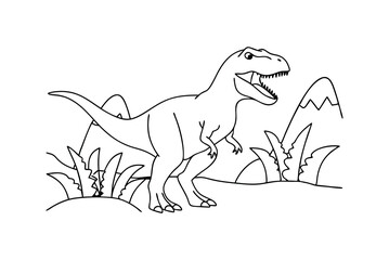 Dinosaur Illustration Tyrannosaurus Rex In Prehistoric Landscape Outline Drawing Design