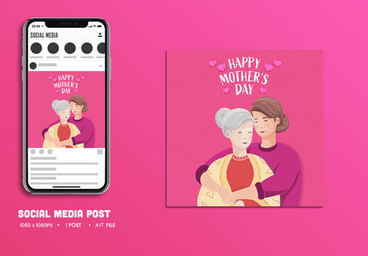 Happy Mother&rsquo;s Day Social Media Post with Cartoon Elderly Mother and Younger Daughter Hug Illustration, Editable Design.