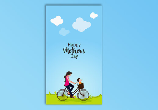 Happy Mother&rsquo;s Day Greeting Card with Cartoon Mother and Son Riding Bicycle Illustration, Editable Design.