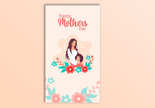Happy Mother&rsquo;s Day Greeting Card with Cartoon Mother and Daughter Hug Illustration, Editable Design.