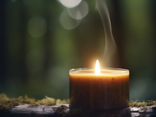 A close-up of a lit candle against a magical forest scene in the background