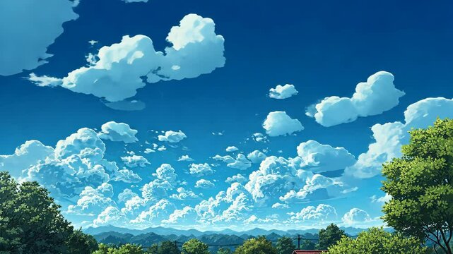 Scenic view of puffy white clouds in a bright blue sky, with lush green trees, hills, and houses on the horizon.