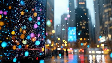 Colorful data points on a screen in a blurred city background with rain.