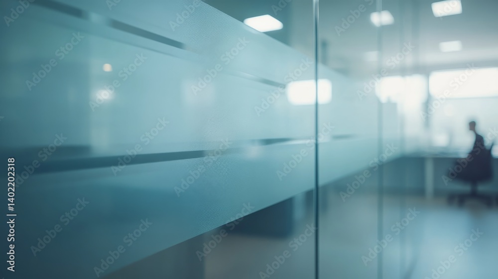 Aufkleber bright and airy office space showcases geometric glass walls and blurred workers engaged in various 