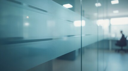 Bright and airy office space showcases geometric glass walls and blurred workers engaged in various tasks, with sunlight enhancing the open atmosphere
