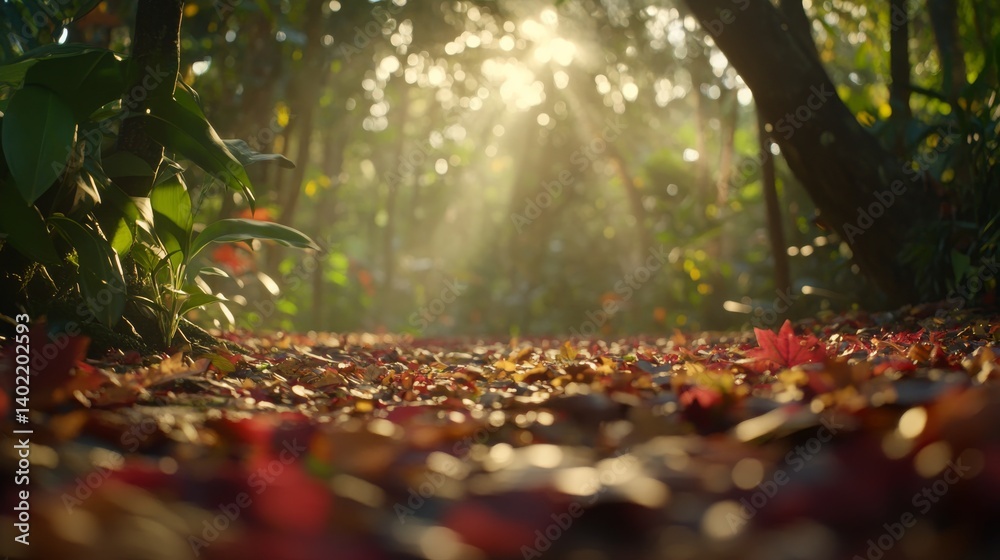 Leinwandbilder a peaceful forest path blanketed in vibrant autumn leaves glows warmly as sunlight filters through t
