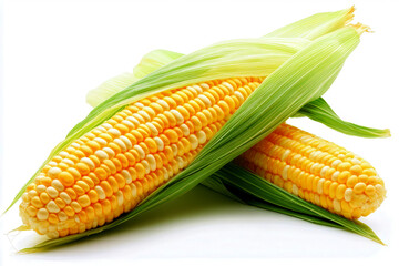 Two ears of corn with husks on white background