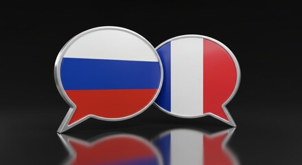 Obraz premium Dialogue and Diplomacy Two speech bubbles display the flags of Russia and France