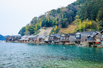 春の伊根の舟屋　京都府伊根町　Spring Funaya in Ine. Kyoto Pref, Ine town.