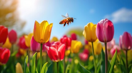 Obraz premium Honeybee pollinating colorful tulips in spring