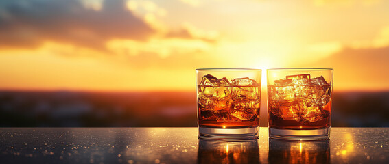 Cold brown drink with bubble gas isolated, Cold drink with ice cubes, Cold drink, Refreshment, Cola, Glasses, Drink, Sunset background.