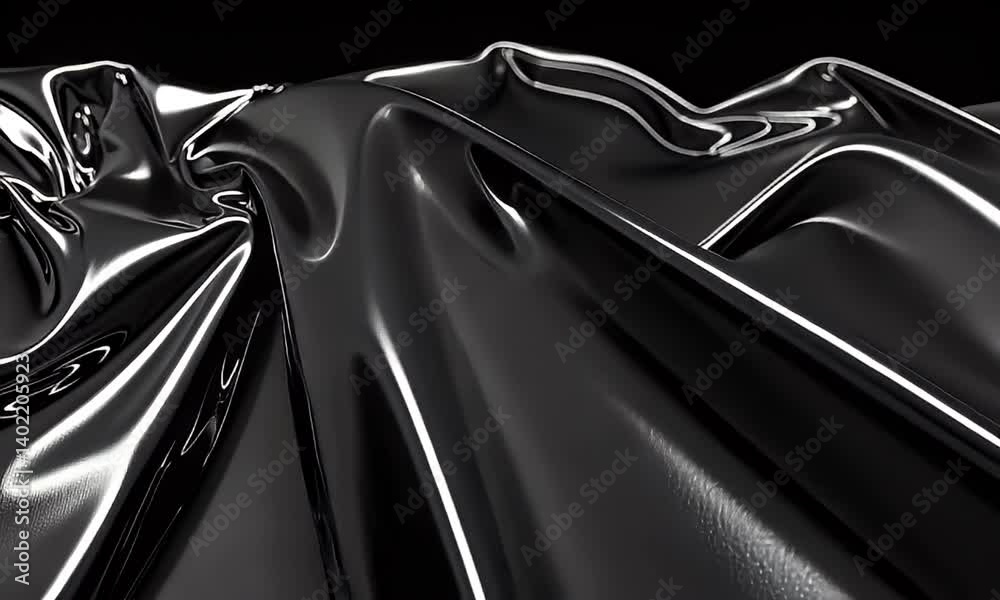 Wall mural abstract close-up of glossy black fabric with wrinkles and reflective surface creating a dramatic an