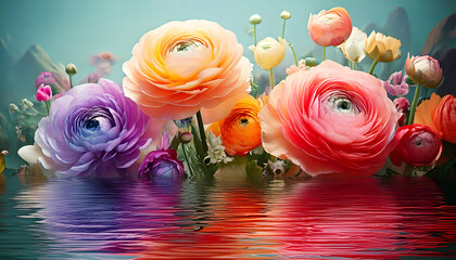 Pastel Colorful ranunculus flower bush flowers colorful petals.