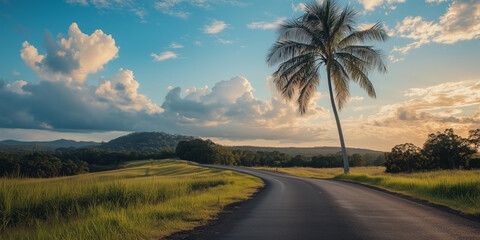 Road across the grassland, Empty country road, Be Adventurous, Grass land, Agriculture, Beauty of nature, Natural beauty, Field, Mountain view, A natural background, Palm tree.