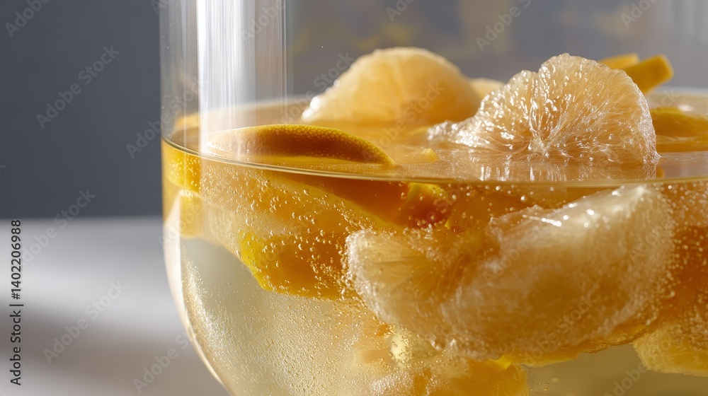Poster close-up view showcases a glass carafe with freshly squeezed grapefruit juice, featuring condensatio