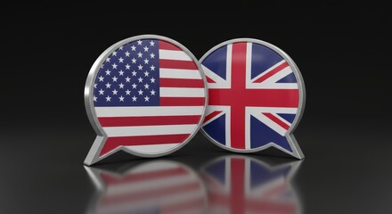 Dialogue between the USA and the UK, speech bubbles with flags on a glossy surface