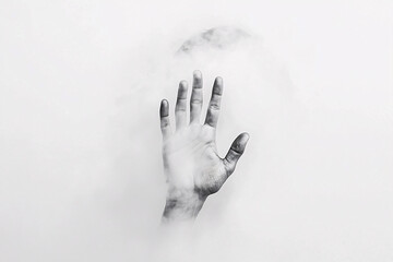 Blurred forehead and hand press frosted glass, greyscale view, hidden figures lost in the mist