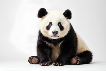 Obraz premium Adorable Panda Cub Sitting on White Background with Playful Expression