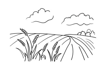 Wheat Field Landscape With Clouds Outlined Style Simple Illustration Background