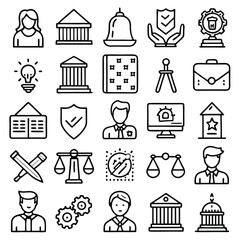 Business, Law, and Government Outline Icons – Finance, Legal, Justice, Office Vector Set