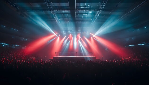 Fight Night: Red and Blue Lights Illuminate Boxing Ring Arena with Crowd