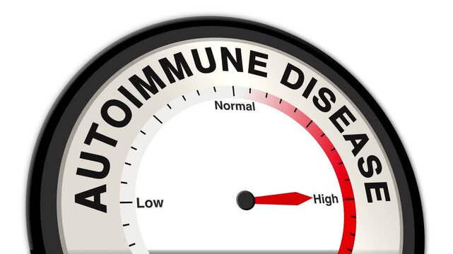Autoimmune disease text or word displayed with a barometer or tachometer-style gauge showing levels from low to normal to high, symbolizing the progression or severity of autoimmune diseases