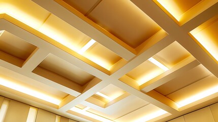 Modern architectural ceiling with geometric panel design and ambient lighting in a contemporary building interior showcasing symmetry, innovation, and a stylish high-tech aesthetic.
