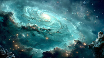 Obraz premium Vibrant cosmic swirl of a galaxy illuminated by distant stars and nebulae