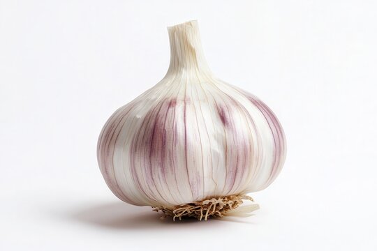 Single bulb of garlic still life on white background