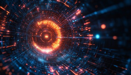 Abstract digital tunnel, glowing energy, futuristic technology.