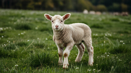 Obraz premium Sweet spring lamb in lush meadow looks directly at the camera radiating pure innocence.