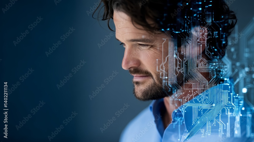 Fototapete A man's profile is subtly combined with a translucent circuit blueprint, creating a glowing effect in a dark studio ambiance during evening hours