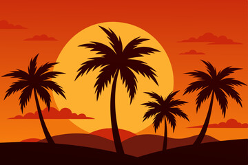 Landscape summer vacation sunny meadow, retro, colorful, silhouette and minimalist beach background Illustration for print or Digital use