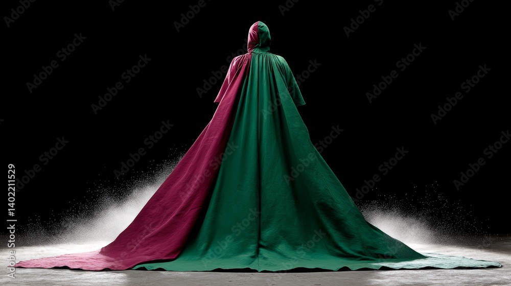 Poster emerald and magenta vapor trails form a graceful human shape in a close-up shot, creating a mysterio