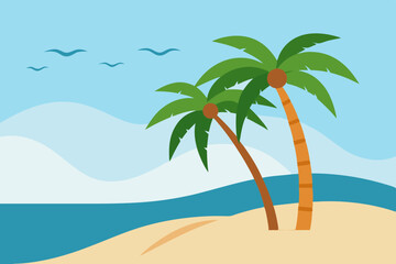 Fototapeta premium Landscape summer vacation sunny meadow, retro, colorful, silhouette and minimalist beach background Illustration for print or Digital use