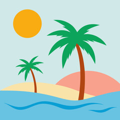 Landscape summer vacation sunny meadow, retro, colorful, silhouette and minimalist beach background Illustration for print or Digital use