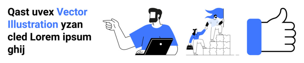 Man discussing task with laptop, worker stacking boxes, and thumbs-up symbol. Ideal for teamwork, logistics, productivity, project management, collaboration, communication flat landing page banner