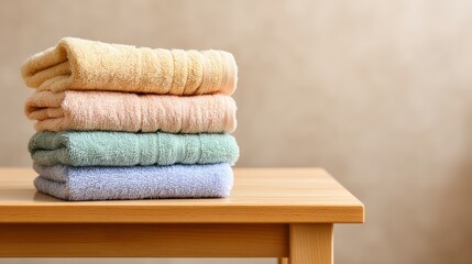 A stack of plush pastel-colored towels is neatly arranged on a light wooden table