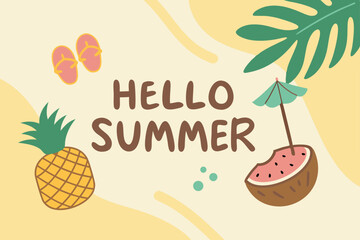 Landscape summer vacation sunny meadow, retro, colorful, silhouette and minimalist beach background Illustration for print or Digital use