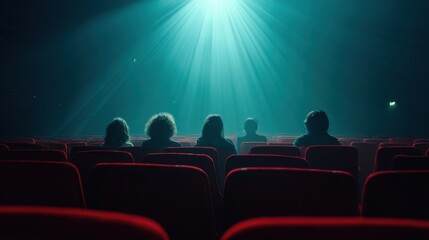 People in the cinema auditorium with Cinema blank wide screen and red chairs in the cinema hall,People silhouettes watching movie performance,empty white screen,space for text,copy space.