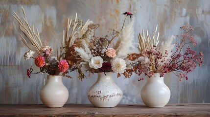 Three elegant white ceramic vases filled with colorful dried and fresh flowers in a rustic arrangement, displayed on a wooden table against an artistic textured wall for interior decor inspiration.
