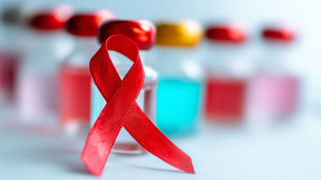 Red ribbon symbol representing awareness for sexually transmitted infections, healthcare and medical campaign concept for prevention and education.