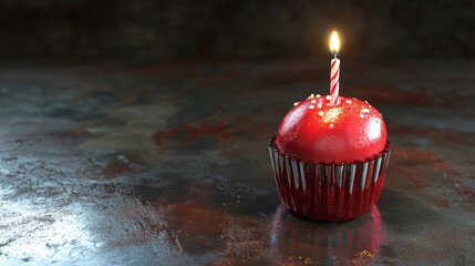 Red birthday cupcake with lit candle on top showcasing festive dessert decoration for celebration themes, party invitations, and holiday greeting designs on a bright background