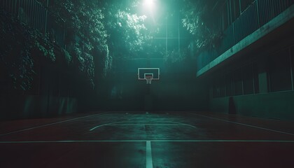 Enigmatic Outdoor Basketball Court with Overgrown Foliage and Mysterious Lighting: Moody Urban Scene