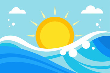 Landscape summer vacation sunny meadow, retro, colorful, silhouette and minimalist beach background Illustration for print or Digital use
